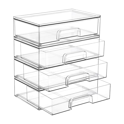 Stackable Clear Storage Drawers - 4 Pack Wide Plastic Organizers - Wide-4pack-Clear