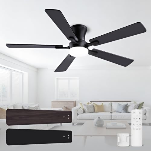 Black 52 Inch Low Profile Ceiling Fan with Light Remote Control - Modern Flush Mount