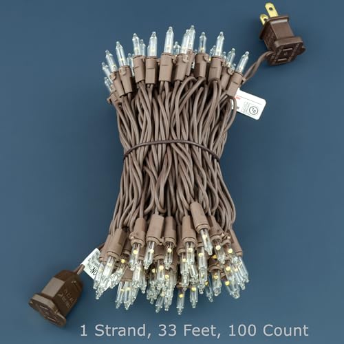 YULETIME 100 Warm White Christmas Lights on Brown Wire - 33 ft UL Listed