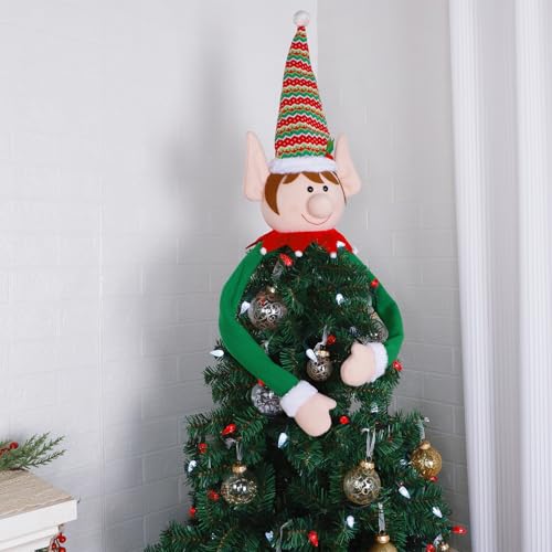 Juegoal Christmas Elf Tree Topper, Large Plush Elves Treetop Hugger with Red Green Stripes Top Hat & Red Collar, Xmas Tree Ornament Supplies Holiday Winter Home Wonderland Party Decorations