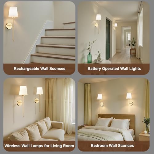 Wireless Rechargeable Wall Sconces Set of 2 - Gold Fabric Shade Dimmable Lights with Remote for Bedroom & Living Room