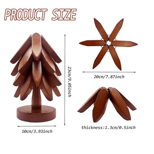 ALIKITCN Walnut Wood Christmas Tree Trivet Set – 4 Foldable Wooden Hot Dish Stands