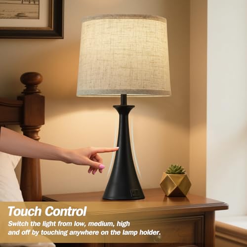 Black Touch Table Lamps Set of 2 - 21-inch Bedside Lamps with USB-C & A