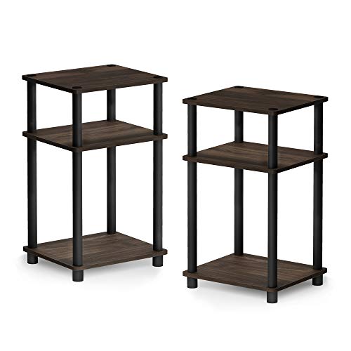 Furinno 3-Tier Side Table Set - Columbia Walnut Black, 2-Pack, Round Tubes