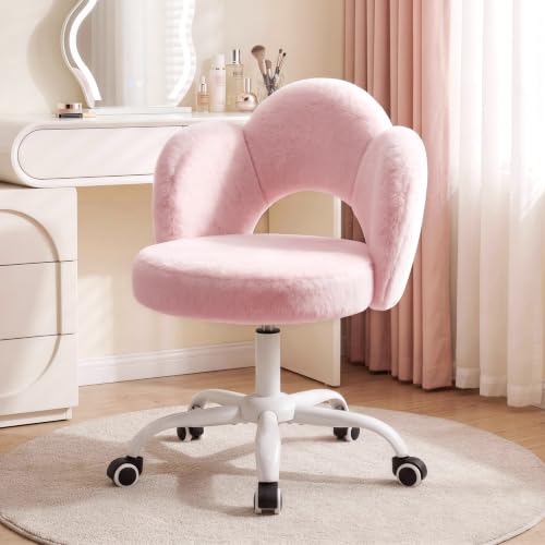 Pink Vanity Chair with Wheels, Faux Rabbit Fur Seat for Girls & Women