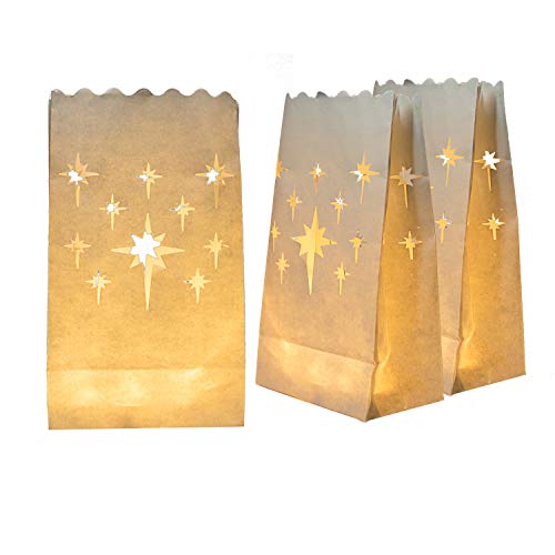 Homemory 50 Pack White Star Candle Luminary Bags - Moisture Proof & Reusable