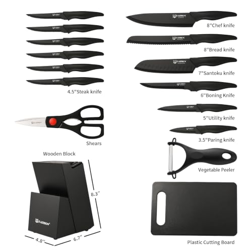 17-Piece Black German Steel Kitchen Knife Block Set with Cutting Board & Sharpener