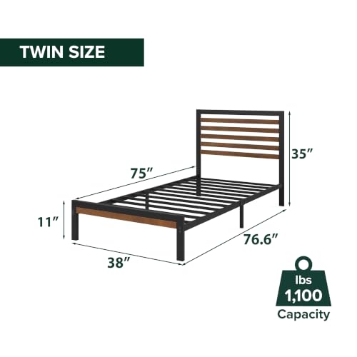 Black Twin Zinus Kai Bamboo & Metal Platform Bed Frame with Slats and Headboard