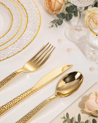 Nervure 300PCS Gold Hammered Plastic Silverware Set - Heavy Duty Disposable Cutlery for Events