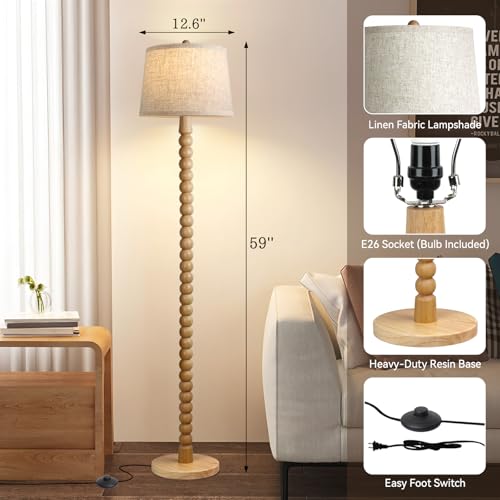 Ruiever Wooden Floor Lamp with 3 Color Changing Bulb - Farmhouse Tall Standing Lamp with Linen Shade, Real Wood Finish, for Living Room & Bedroom