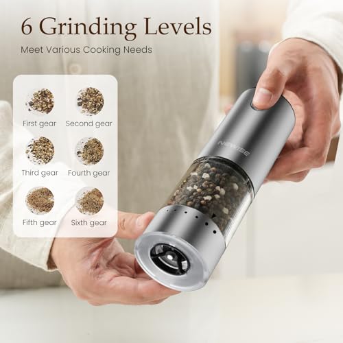 Newise Rechargeable Salt and Pepper Grinder Set, Silver with Clear Acrylic Base, 95ml Capacity