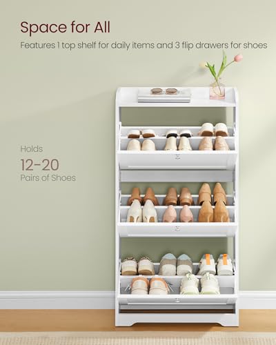 VASAGLE Cloud White Shoe Storage Cabinet with 3 Flip Drawers, Slim 9.5"D x 23.6"W x 47.7"H, Holds 12-20 Pairs