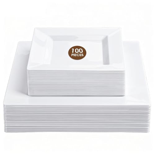 White Square Disposable Plastic Plates 100 Pack for Party - Pryntono