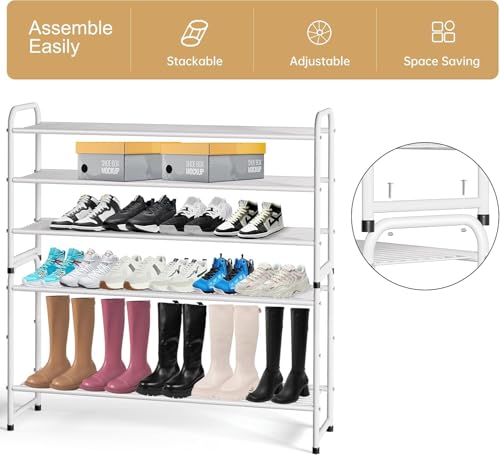 White 3-Tier Metal Shoe Rack for Closet & Entryway - Stackable Storage Shelf