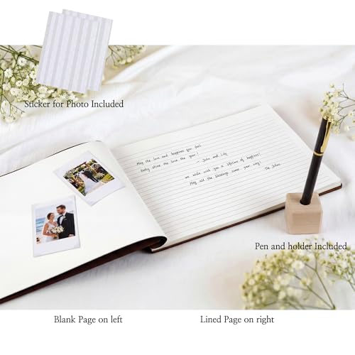 Wedding Guest Book with Signing Pen and Photo Slots - Cherry Wood Cover