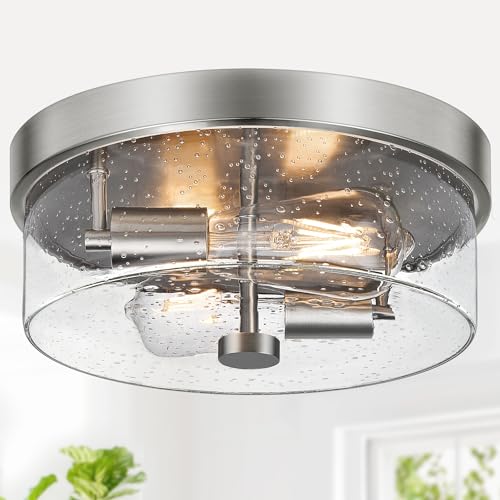 Brushed Nickel 2-Light Flush Mount Ceiling Light Fixture with Seeded Glass Shade for Porch, Hallway, Bathroom, Dining Room, Foyer - SZZGCO