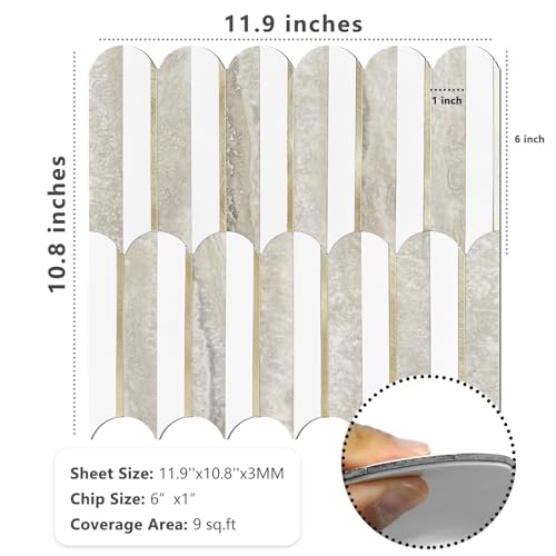 Peel and Stick Backsplash Tiles - Seamless White Beige Slate with Light Gold - 10 Sheets