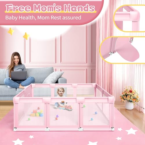 Pink Baby Playpen 74x50x27 Inch Large Indoor & Outdoor Toddler Play Yard with Soft Mesh
