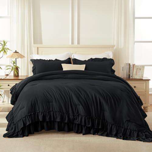 Andency Black King Ruffle Comforter Set - 3 Piece Solid Bedding with Pillowcases