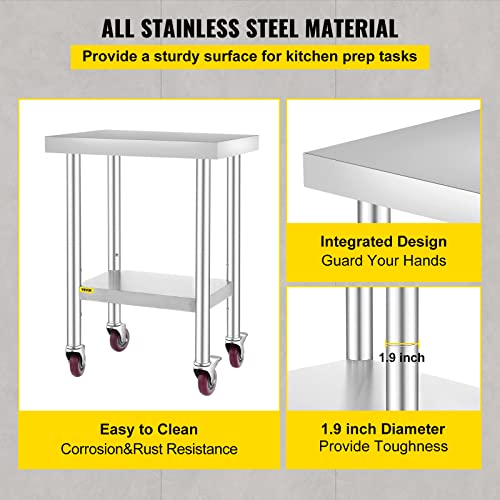 24x18x34 Inch Stainless Steel Work Table with Adjustable Shelf and Casters - Heavy Duty Kitchen Prep Station