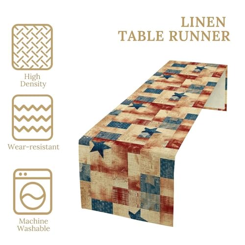 JanJCurt 13x70 inch 4th of July Table Runner Red White Blue Stars Rustic Farmhouse Decor