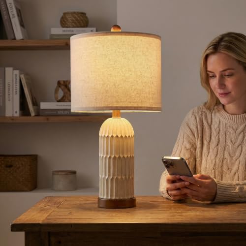 OYEARS 22-inch Farmhouse Bedside Table Lamps Set of 2 with USB A+C - Yellowish & Brown Variation
