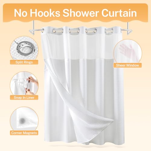 White Cotton Blend Shower Curtain Set with Liner - 71x74 Inches, No Hooks, Water-Repellent