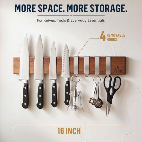 Brown 16-Inch Acacia Wood Magnetic Knife Holder with 4 Hooks - Wall Mount
