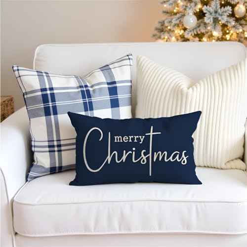 PANDICORN Christmas Pillow Covers 12x20 Inch, Navy Blue Christmas Decorations, Merry Xmas Lumbar Decorative Cushion Case, Elegant Winter Decor for Living Room Sofa or Couch