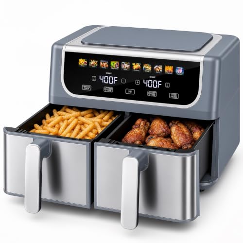 OLIXIS Dual Air Fryers with 2 Baskets 9.5 Qt Large Capacity 10-in-1, Grey / 16 x 14 x 11.5 inches
