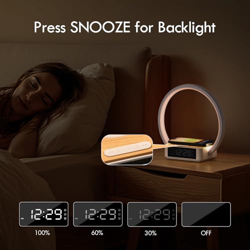 WILIT Bedside Lamp with Alarm Clock & Sunrise Wake-Up Light - Wood Grain Round