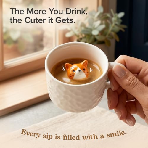Surprise Cat Mug - Ceramic Coffee Cup with Hidden 3D Kitten, 7 oz