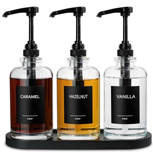 ALPIRIRAL Black Coffee Syrup Dispenser Set for Coffee Bar, 16.9 fl oz Glass with Large Pump, Set of 3