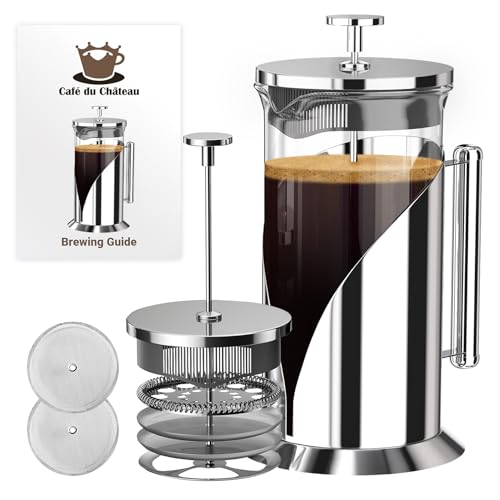 Silver 34oz French Press Coffee Maker with 4-Level Filter - Cafe Du Chateau
