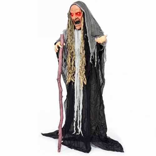 JOYIN Gray Hunchback Witch Halloween Animatronic Outdoor Decor with Light & Creepy Sound
