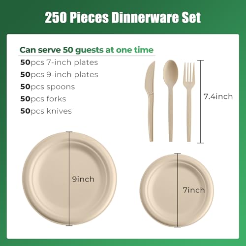 Brown 250-Piece Biodegradable Paper Plate and Utensil Set – Eco-Friendly Disposable Dinnerware for Parties and Camping