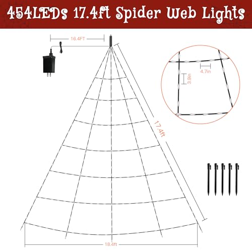 Halloween Spider Web String Lights Outdoor 454 LED Orange & Purple - 17.4FT with Remote & Timer