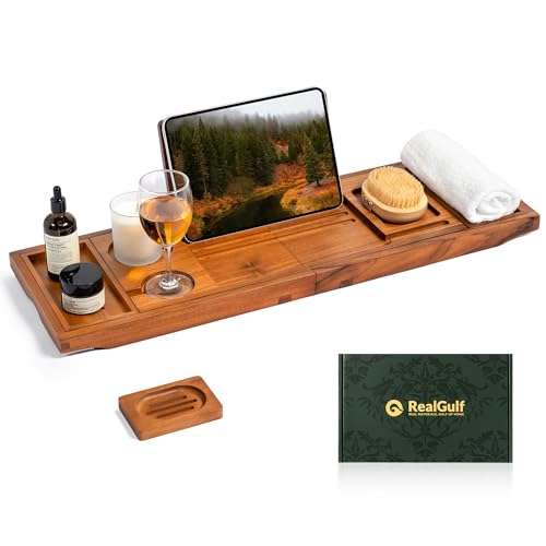 Adjustable Teak Bathtub Caddy Tray with Removable Side Trays - Classic Teak Finish
