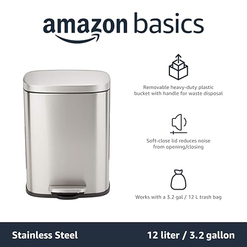 Amazon Basics 3.2 Gallon Small Trash Can Satin Nickel, Soft-Close Lid