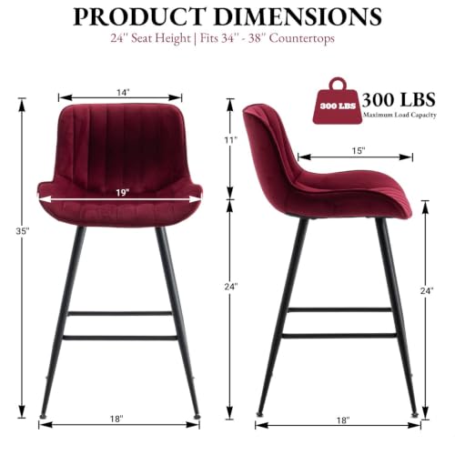 Whiterye Velvet Upholstered Set of 2 Counter Bar Stools - Burgundy