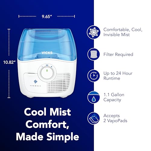Vicks Filtered Cool Mist Humidifier for Medium Rooms - 1.1 Gallon Tank, Blue/White