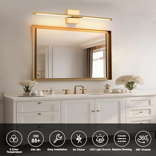 Electroplated Gold Battery Operated Wall Sconce Set of 2 - 24 Inch with Remote - Modern, Dimmable, Adjustable Lighting