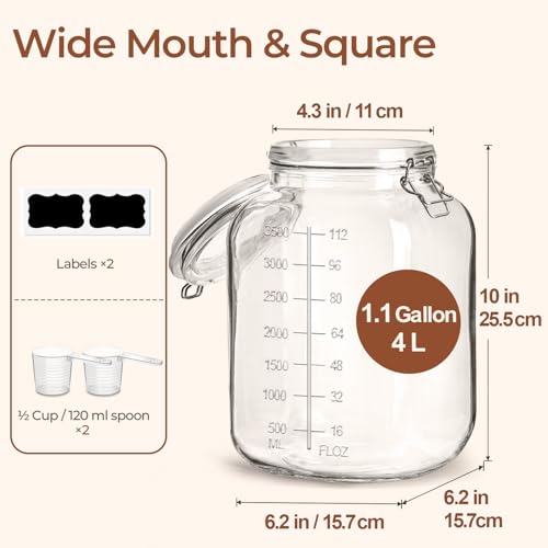 Large Glass Jars with Airtight Lid - 1.1 Gallon, Wide Mouth, 2 Pack