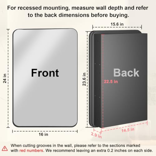 16x24 Inch Recessed or Surface Mount Medicine Cabinet with Mirror - Matte Black, Reversible Door