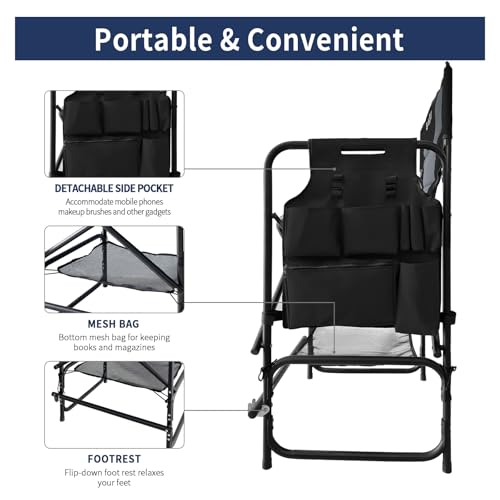 Black Tall Folding Director Chair with Side Table & Footrest - 26.77" Seat Height, Supports 350LBS