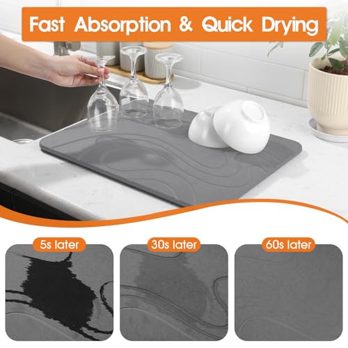Large Stone Dish Drying Mat - 24x16 Inches, Dark Gray, Non-Slip Kitchen Counter Organizer