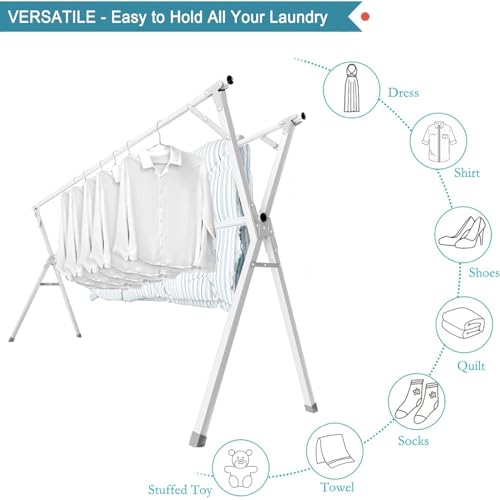 95-Inch Foldable Clothes Drying Rack with 20 Hooks - Heavy Duty Stainless Steel, Indoor Outdoor, White