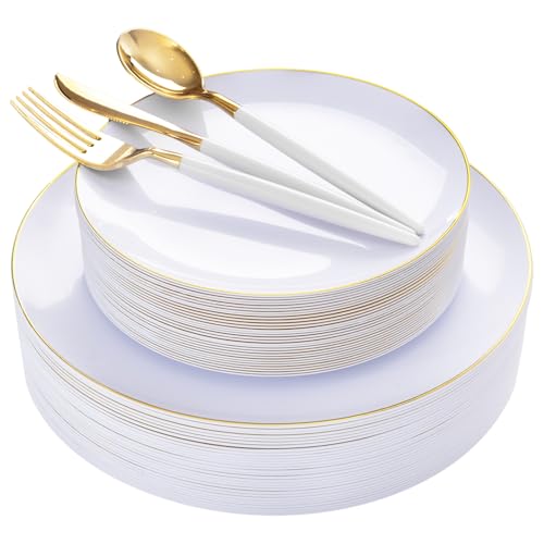 DaYammi Gold Disposable Dinnerware Set with White Handles - 150Pcs, Elegant Party Wedding