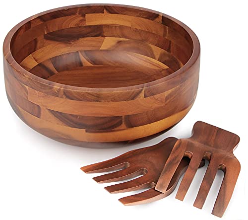 Acacia Wood Salad Bowl Set with Serving Utensils - Large Mixing Bowl for Fruits, Salad, Cereal, Pasta - 11 Inch Diameter