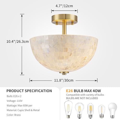 D12" Brass Close to Ceiling Capiz Shell Pendant Light - Coastal Style